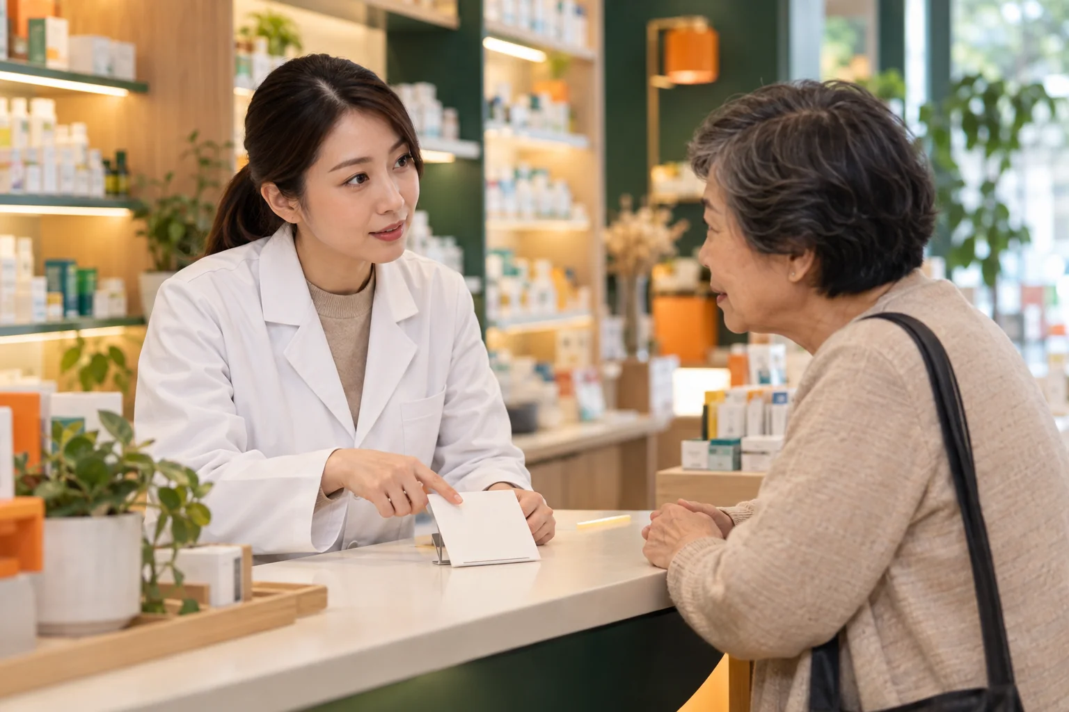 社區藥房內，藥劑師以專注而友善的態度回應客人