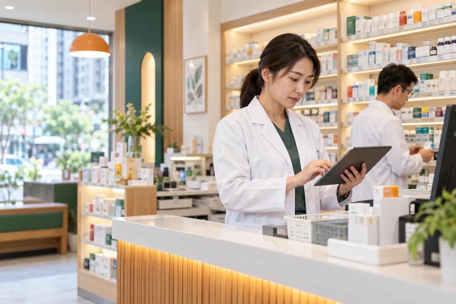 香港現代社區藥房內，藥劑師使用數位工具處理配藥流程